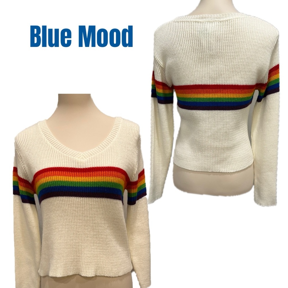 Women's Rainbow Stripe Sweater -‎ Off white; slightly cropped length
